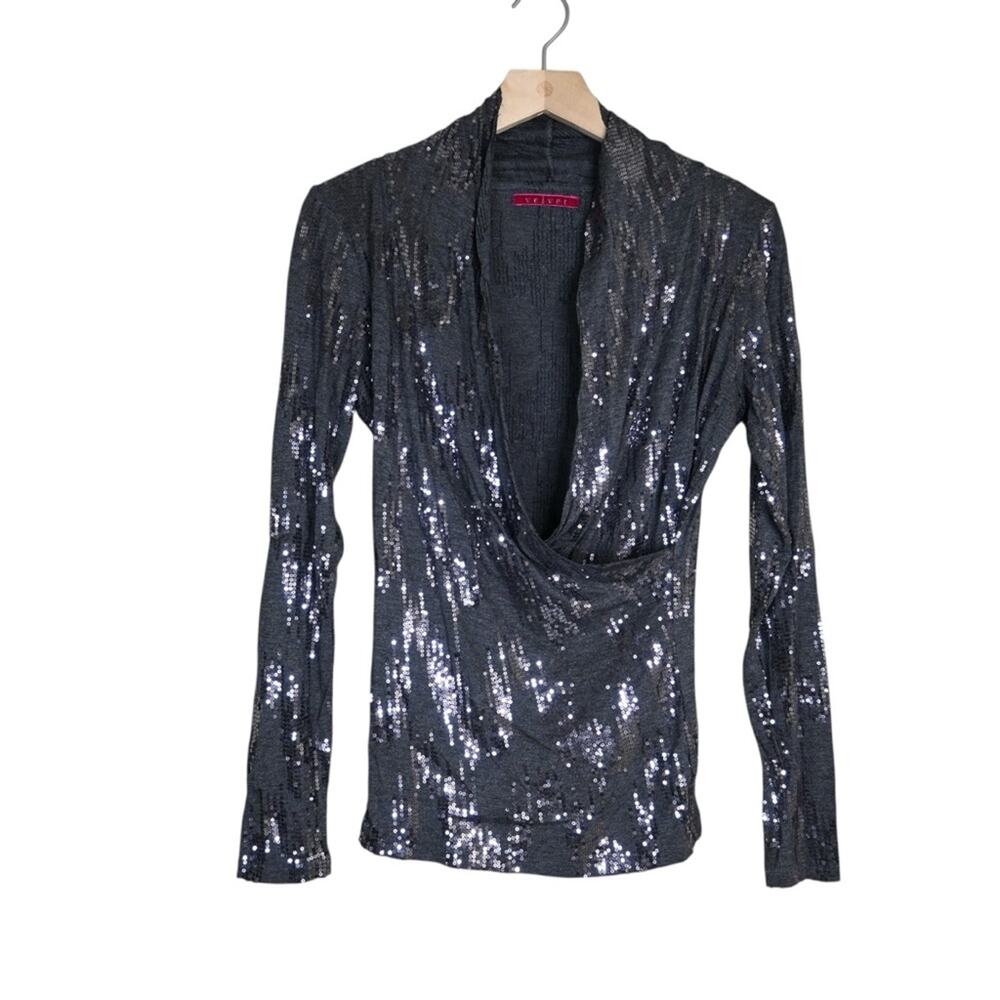 Velvet by Graham & Spencer Womens M Gray Sequin Drape Front Sweater